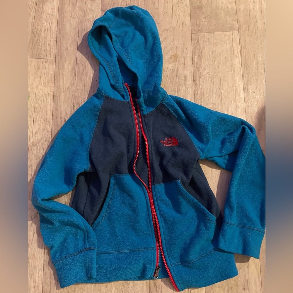 The North Face Kids Blue Hoodie full zip pockets boys 7 8